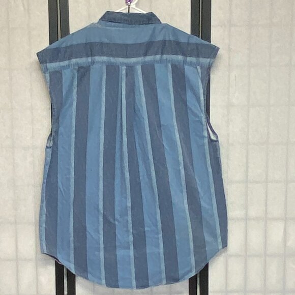 Vintage Santana Blue Sleeveless Button Front Vertical Stripe Shirt L Casual - Picture 2 of 13